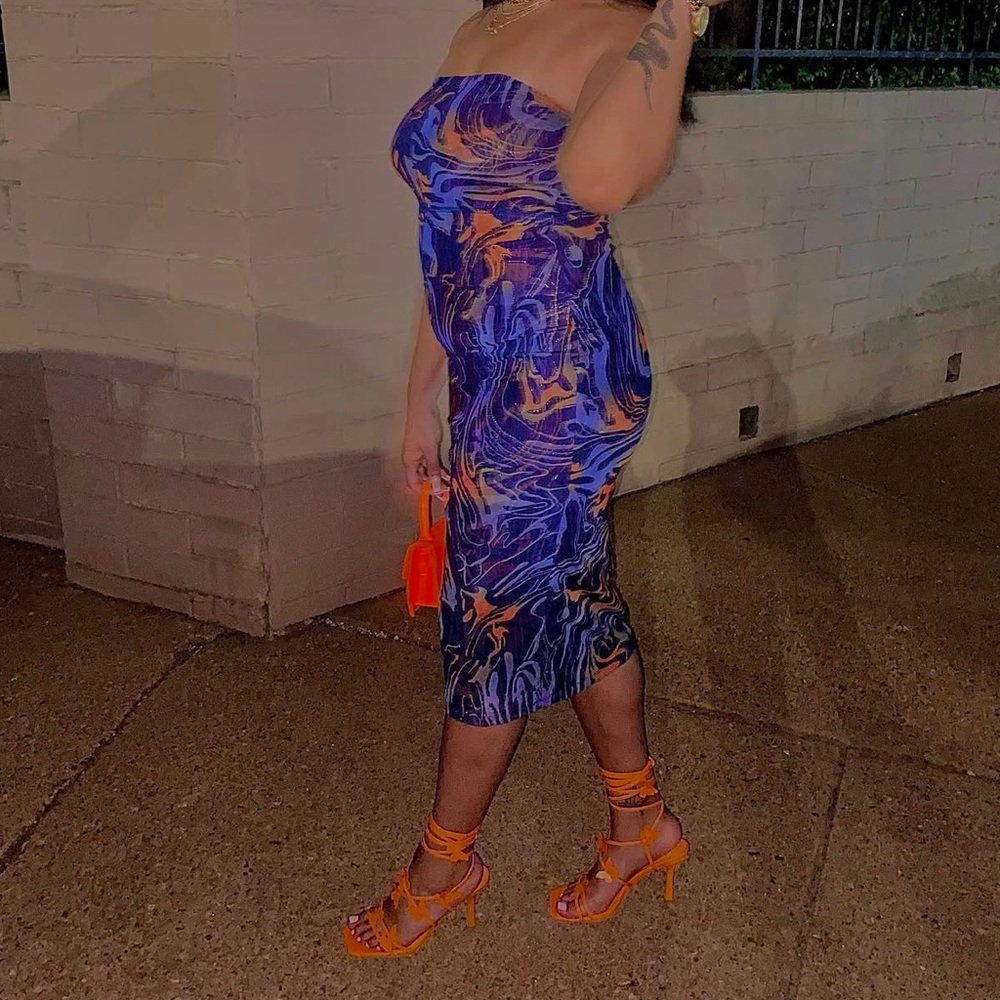 Elegant Blue and Orange Strapless Dress